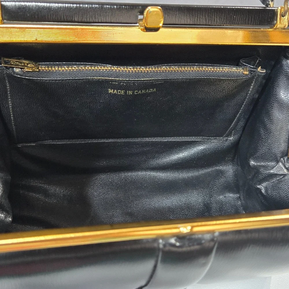 VTg 50s 60s Black Leather Kelly Frame Handbag Top Handle Purse Canada Mad Men